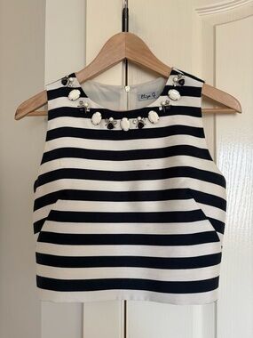 Eliza J Black and White Striped Jeweled Sleeveless Crop Top